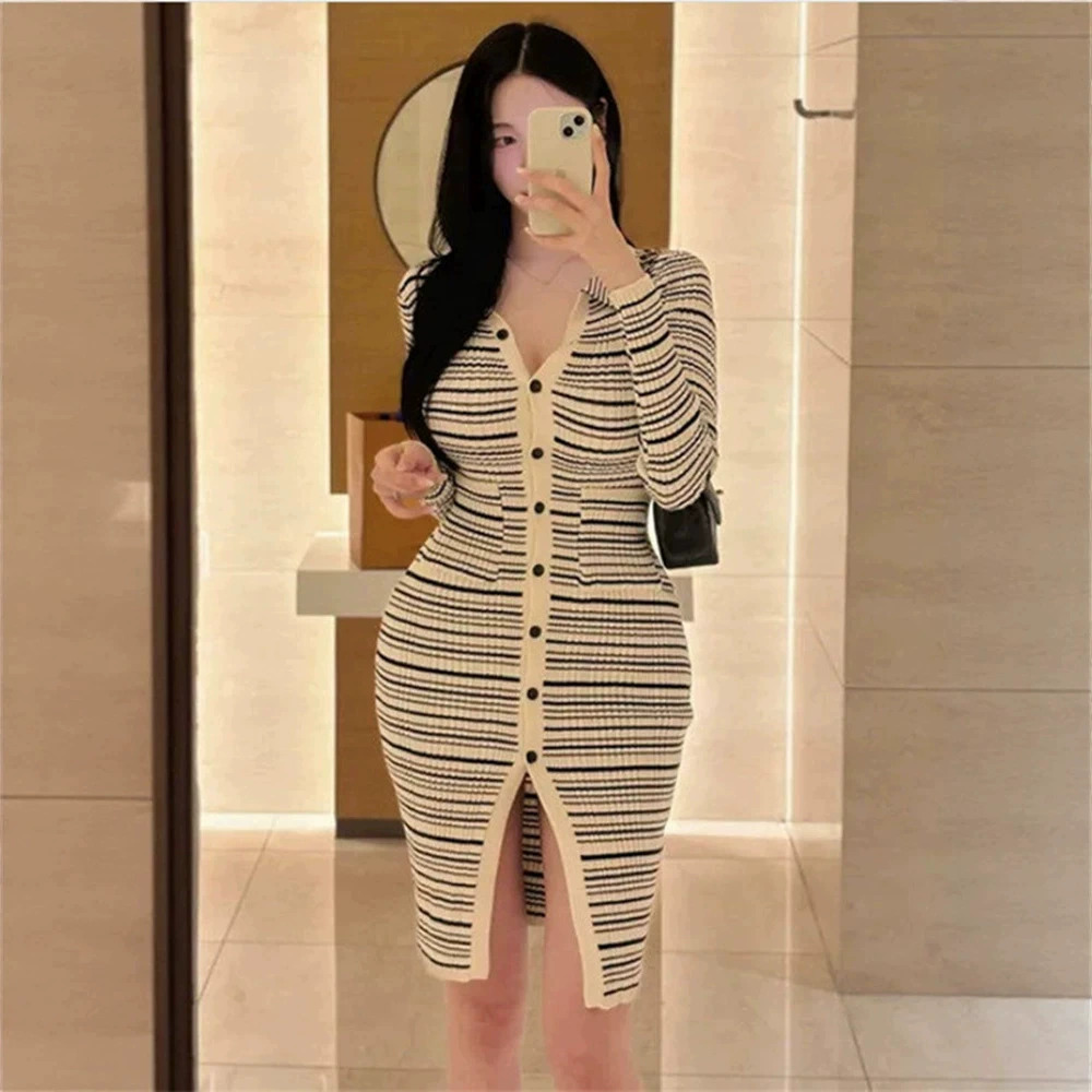 ZARA Korean Chic Striped Lapel Slit Slim Fit Bodycon Knit Midi Dress